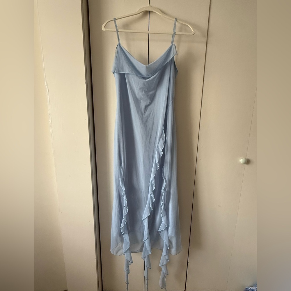 Cider MESH RUFFLE HEM RUCHED MIDI DRESS in Blue Size L (US 8) ๐๐๐ฆ - Picture 5 of 6